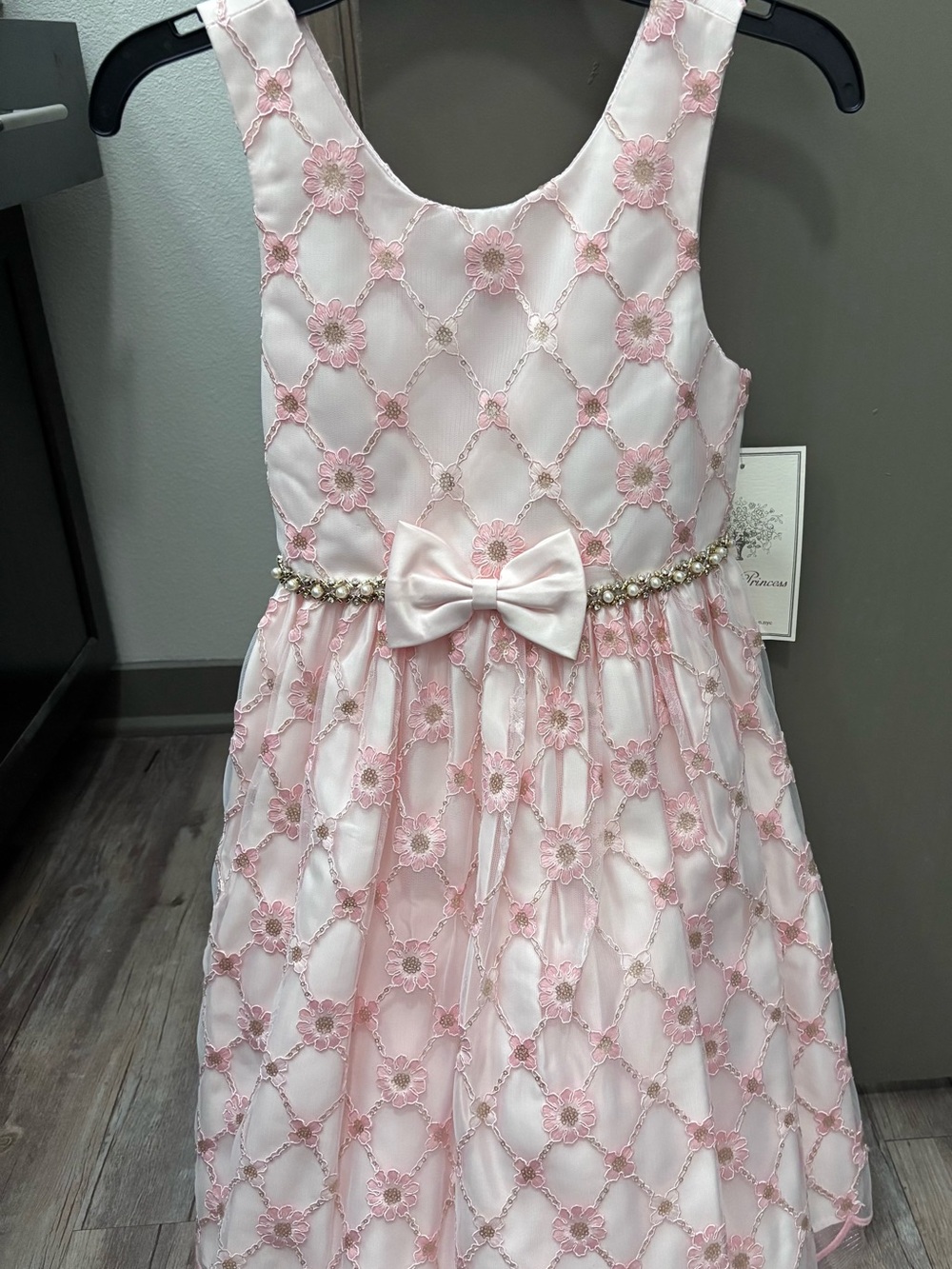 Girls Pink Floral Lace Party Dress with Bow